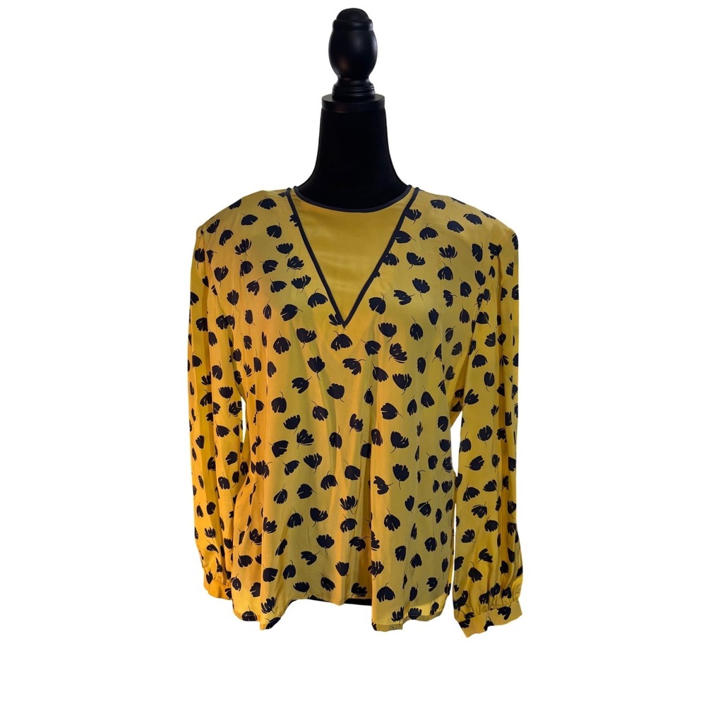 Carlisle Vintage 100% Silk Yellow Floral Button Back Blouse Top Womens 14